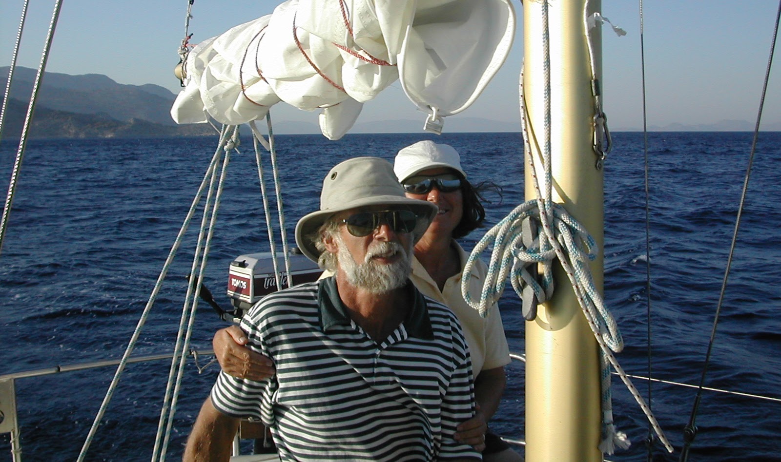 Linford and Janet at the helm, Sailing Acts 2004